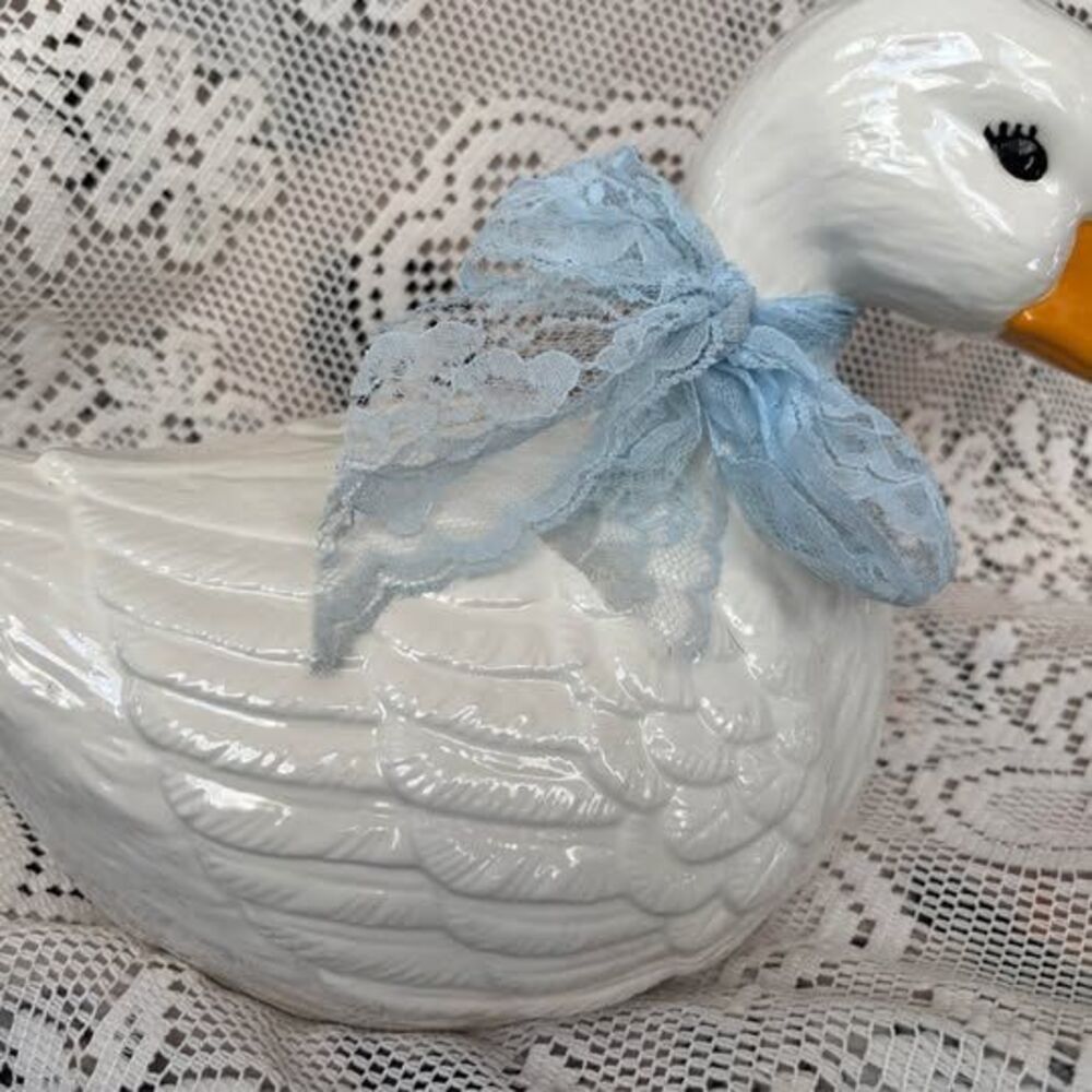 White Ceramic Duck w/ Blue Lace Bow